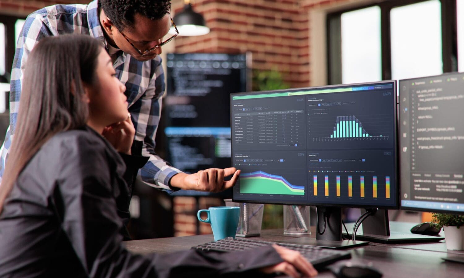 Team leaders exploring and analyzing data and anlytics dashboard from KYP.ai platform