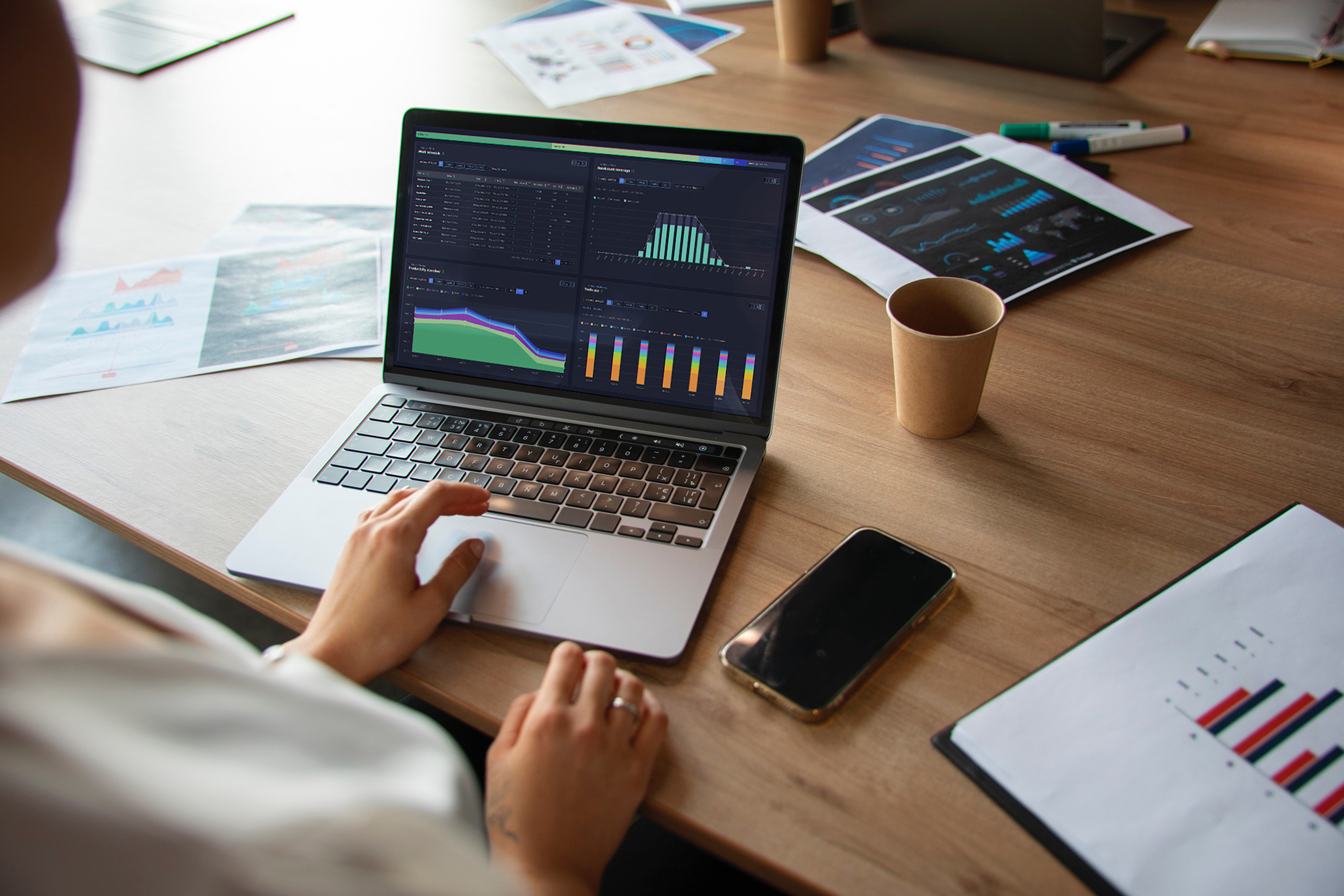 business woman working with laptop on optimizing business process mining