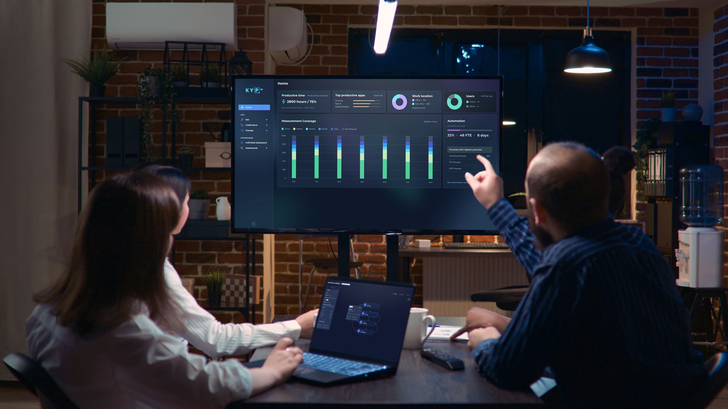 Two employees discussing data-driven decision-making AI that enhances executive work.