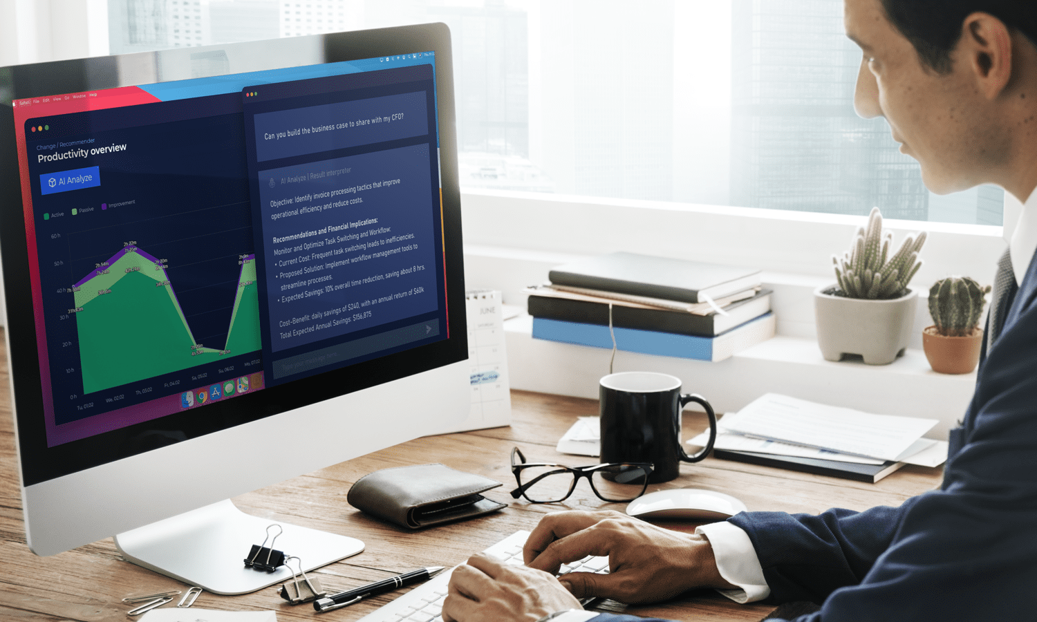 Businessman using productivity analytics software on desktop computer, showing graph and AI-generated business case recommendations. Office desk setup with coffee mug, plants, and work supplies visible