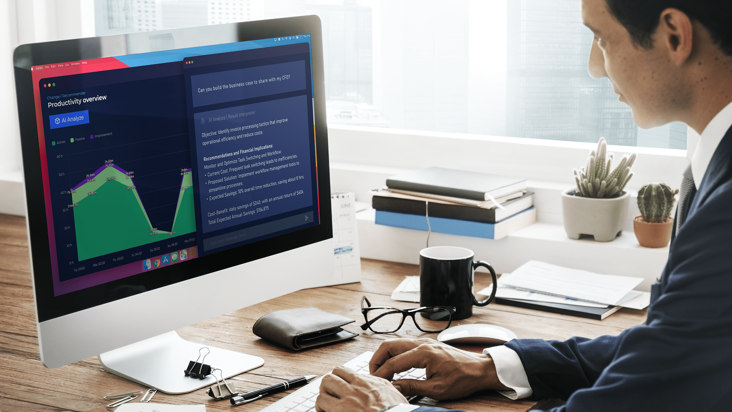 Businessman using productivity analytics software on desktop computer, showing graph and AI-generated business case recommendations. Office desk setup with coffee mug, plants, and work supplies visible