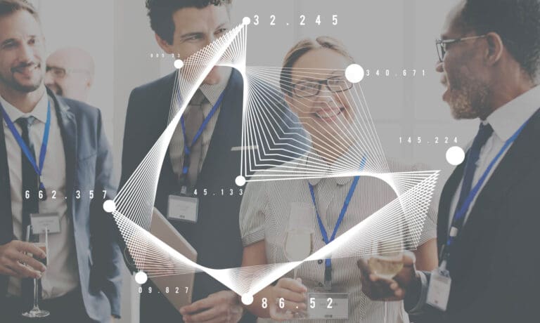 Business networking visualization showing professionals at a conference or event wearing name badges and holding drinks, overlaid with an abstract white geometric network pattern connecting various numerical data points translating into intelligent business process management. The image combines a grayscale photo of business people interacting with a modern data visualization element featuring interconnected nodes and values